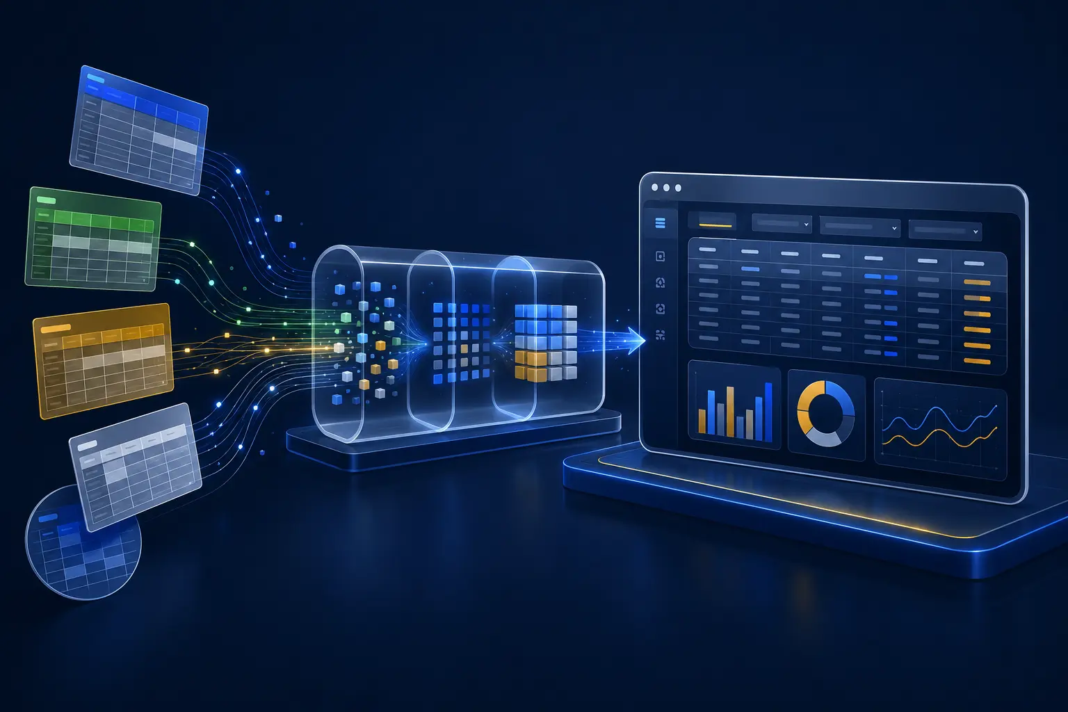 Planilhas de diferentes formatos sendo transformadas em um painel de dados organizado